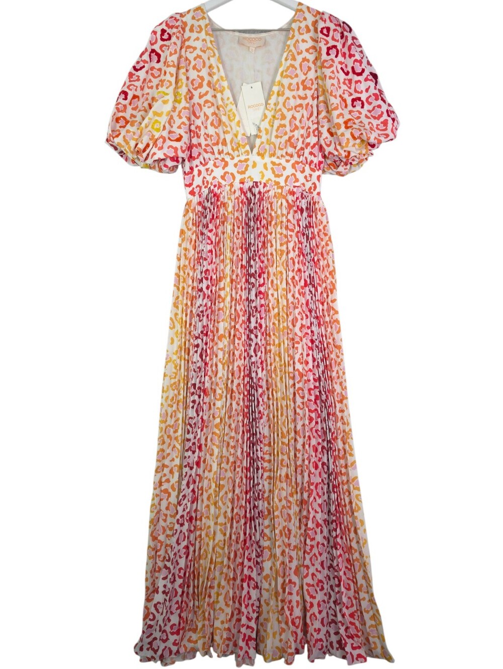 Rococo Sand Avana Pleated Plunge V-Neck Maxi Dress Pink Orange Yellow Leopard